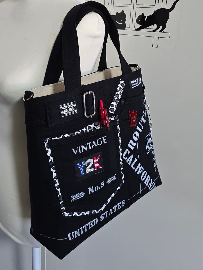 デニムリメイク 2ウェイバッグ 大きめ 斜めがけストラップ ＆ 底板付き