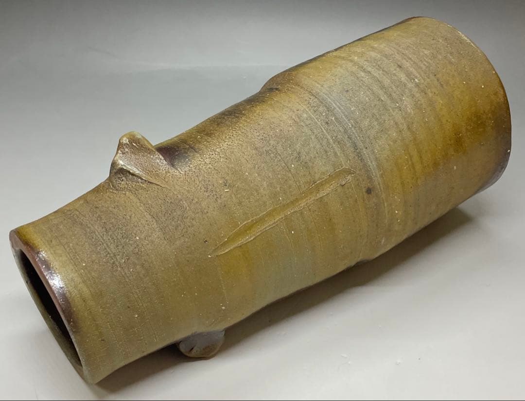 人間国宝　藤原雄　備前花入　耳付花入　備前焼　共箱(四方桟盛蓋) 栞　C 313