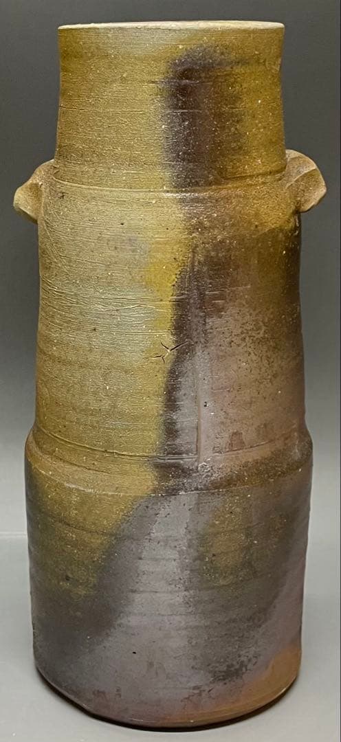 人間国宝　藤原雄　備前花入　耳付花入　備前焼　共箱(四方桟盛蓋) 栞　C 313