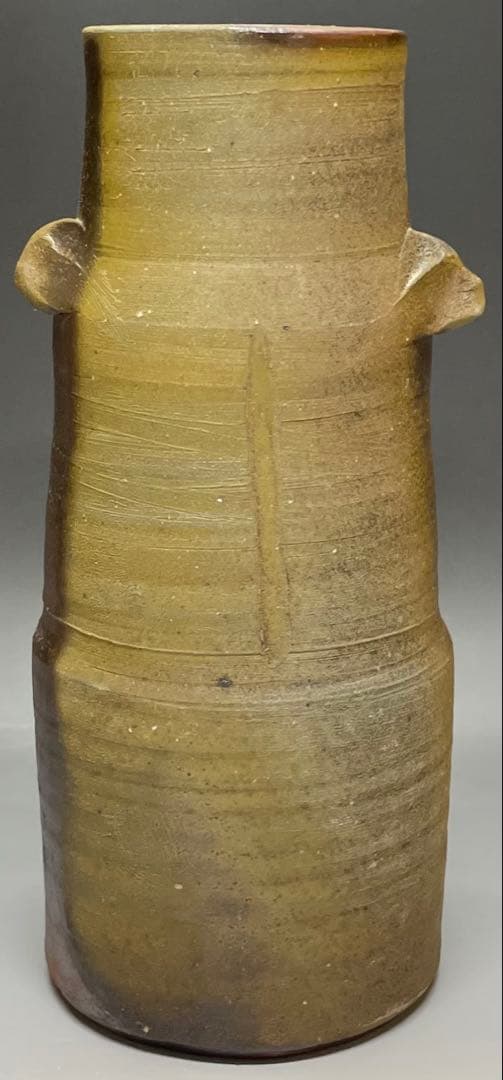 人間国宝　藤原雄　備前花入　耳付花入　備前焼　共箱(四方桟盛蓋) 栞　C 313