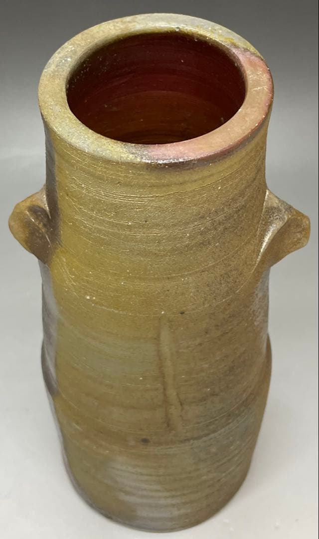 人間国宝　藤原雄　備前花入　耳付花入　備前焼　共箱(四方桟盛蓋) 栞　C 313