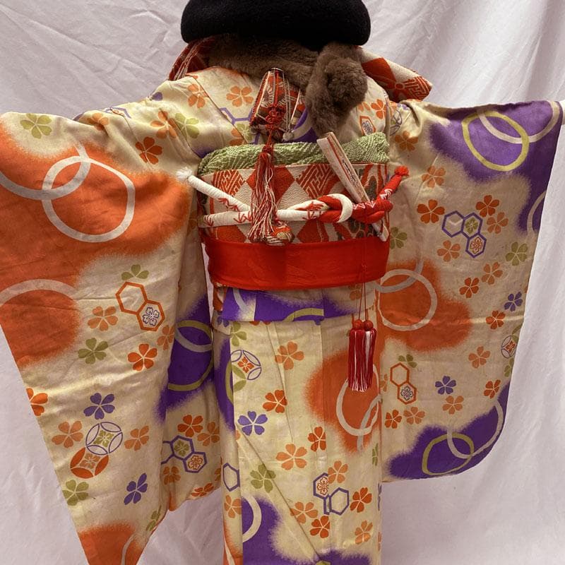 504ag48◎七五三 七歳 女児 アンティーク 総柄 桜 亀甲 着物&丸帯◎