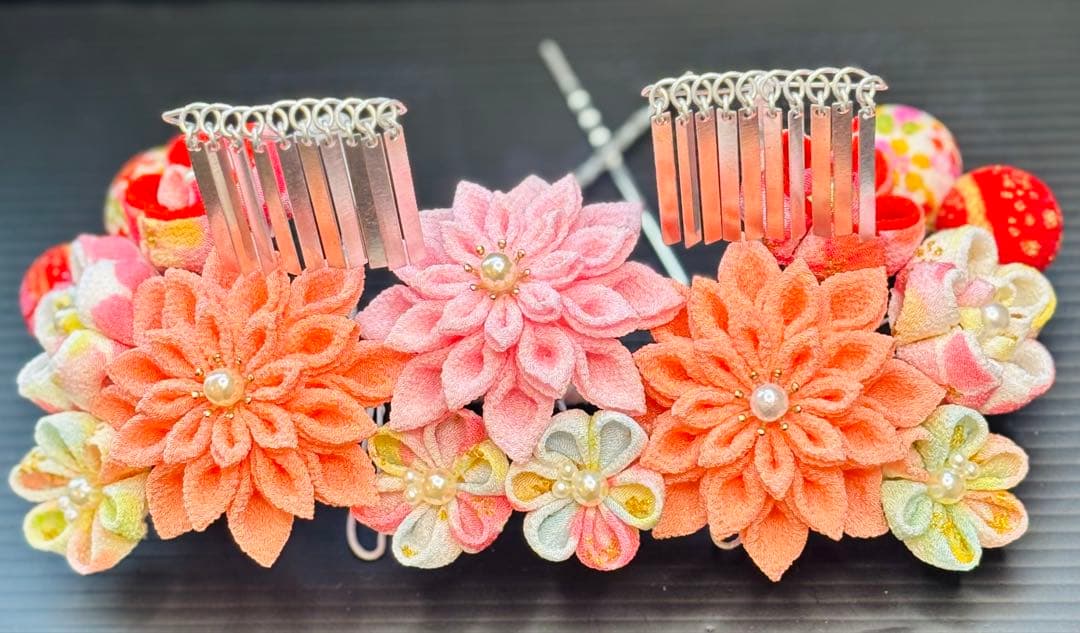 七五三髪飾りセット つまみ細工 7歳 パステルカラー はねず色×桜色 7-12