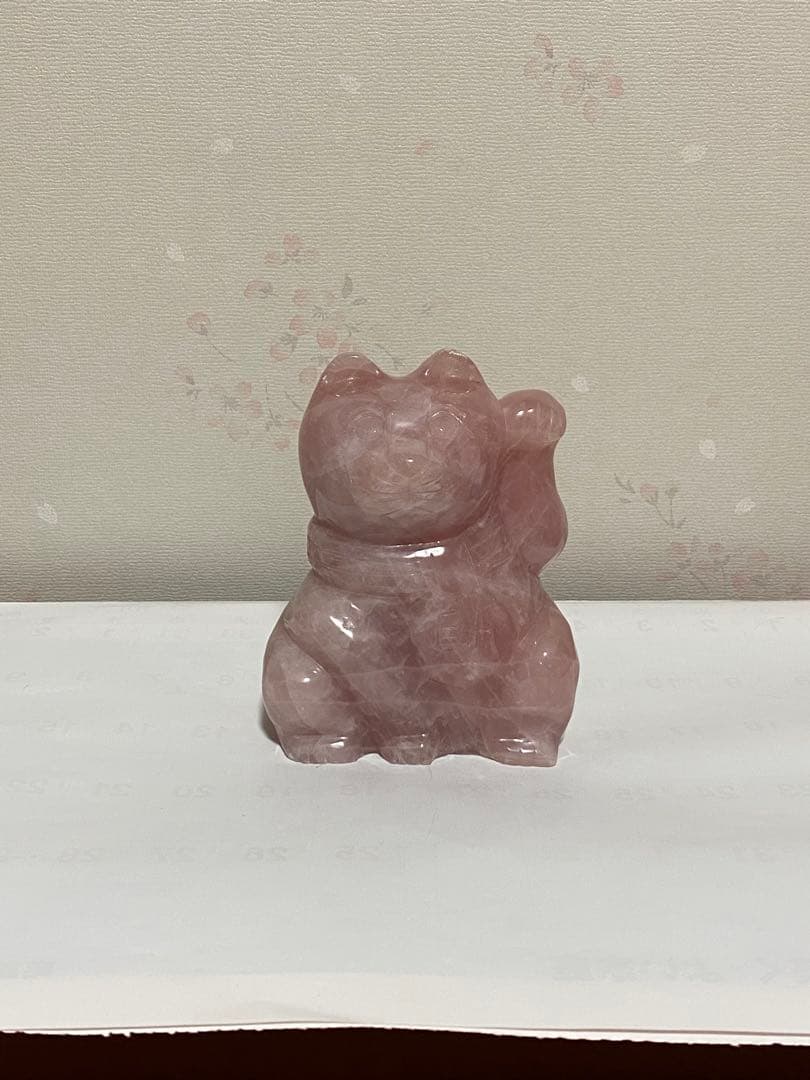 ♦天然石 招き猫 ローズクォーツ 輝石 開運 財運 金運 千客万来 置物 飾り