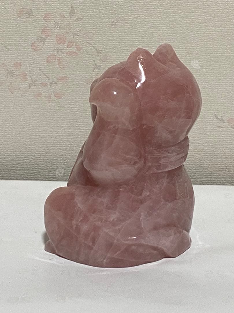 ♦天然石 招き猫 ローズクォーツ 輝石 開運 財運 金運 千客万来 置物 飾り