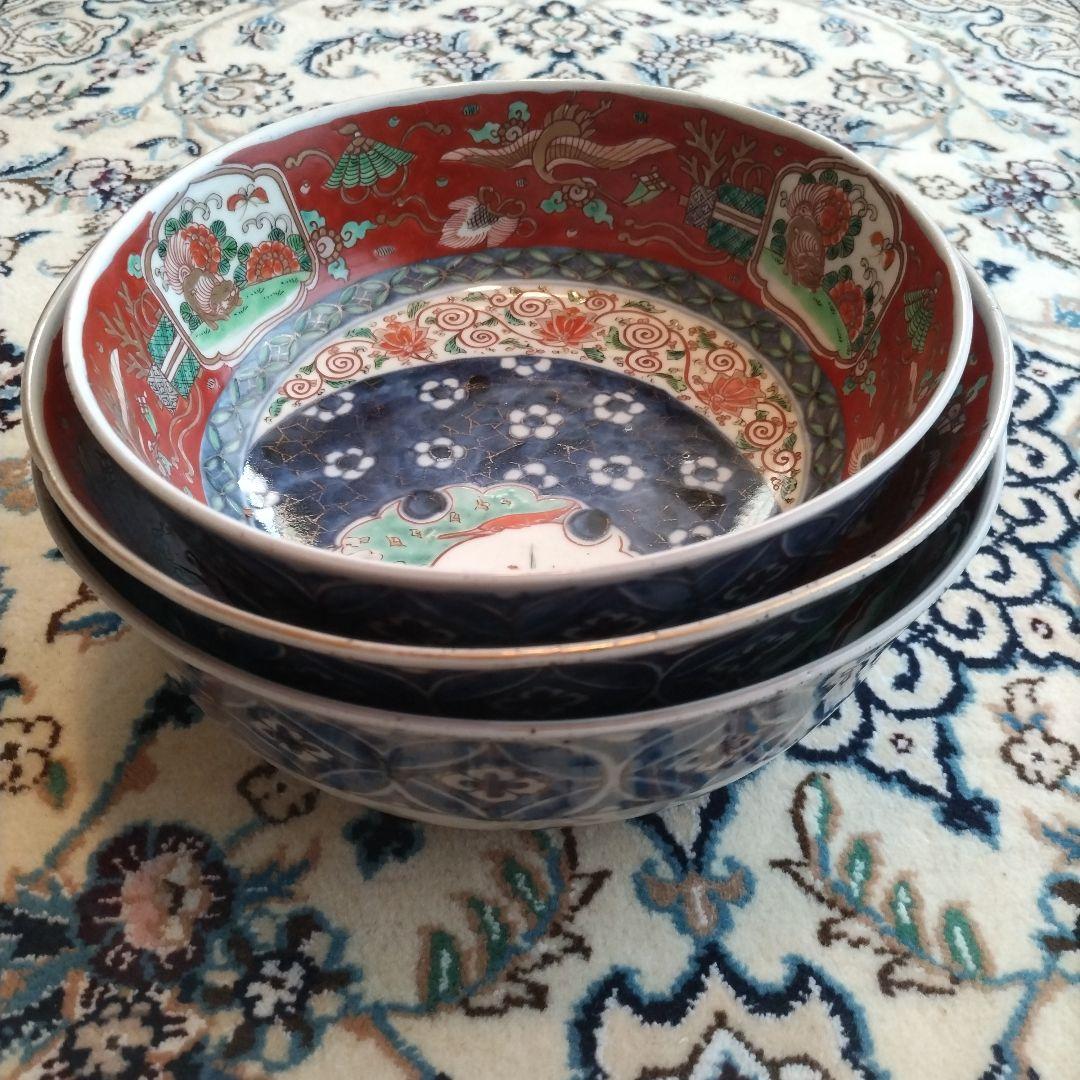 ★ 時代 色絵 三組 鉢 骨董 江戸 アンティーク 雪輪 古伊万里 大聖寺伊万里