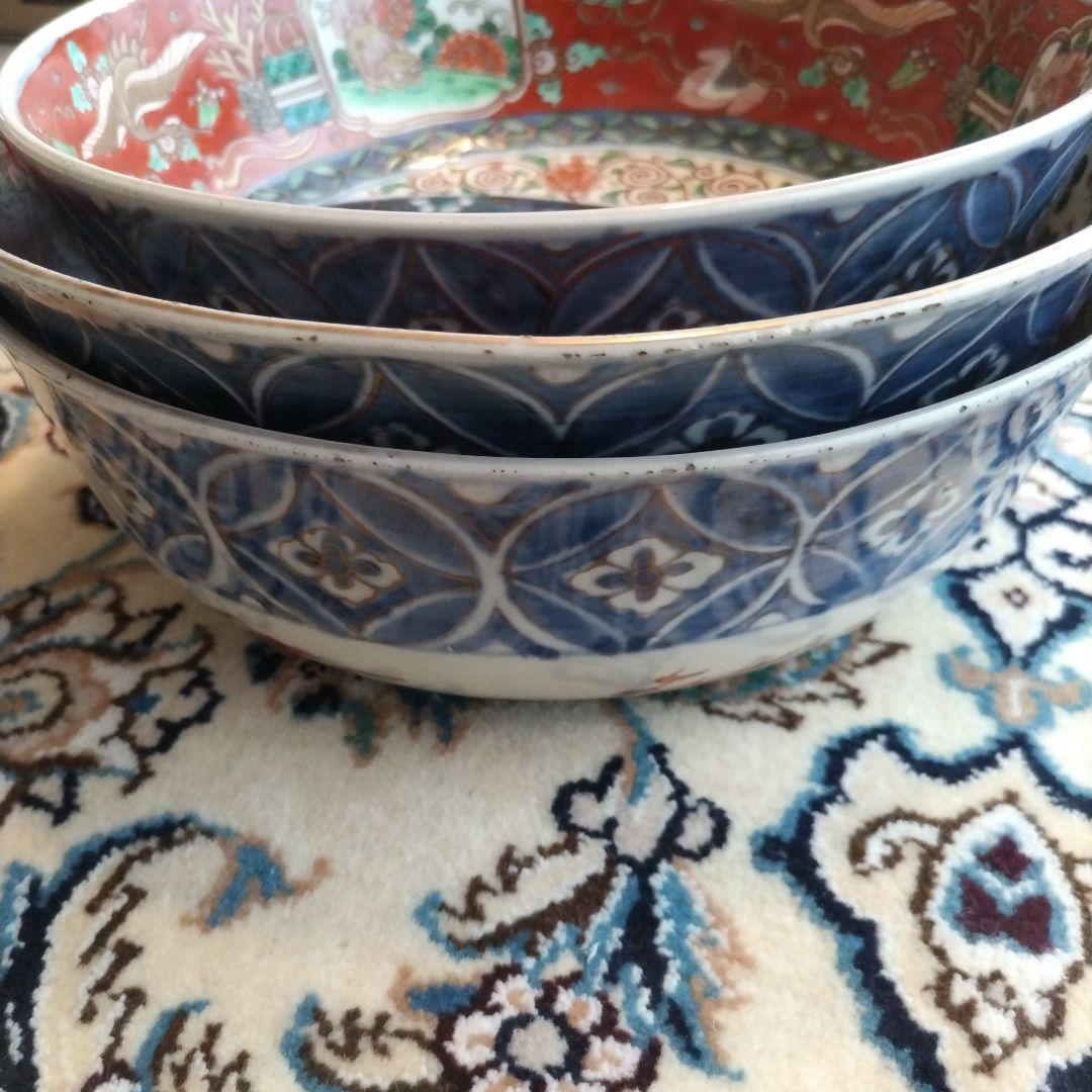 ★ 時代 色絵 三組 鉢 骨董 江戸 アンティーク 雪輪 古伊万里 大聖寺伊万里