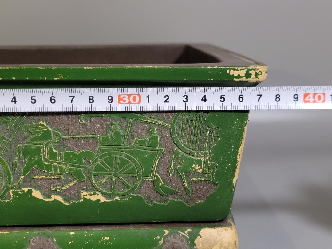 中国美術 紫泥 古代騎馬紋 花盆 植木鉢 台付 在印 DT410