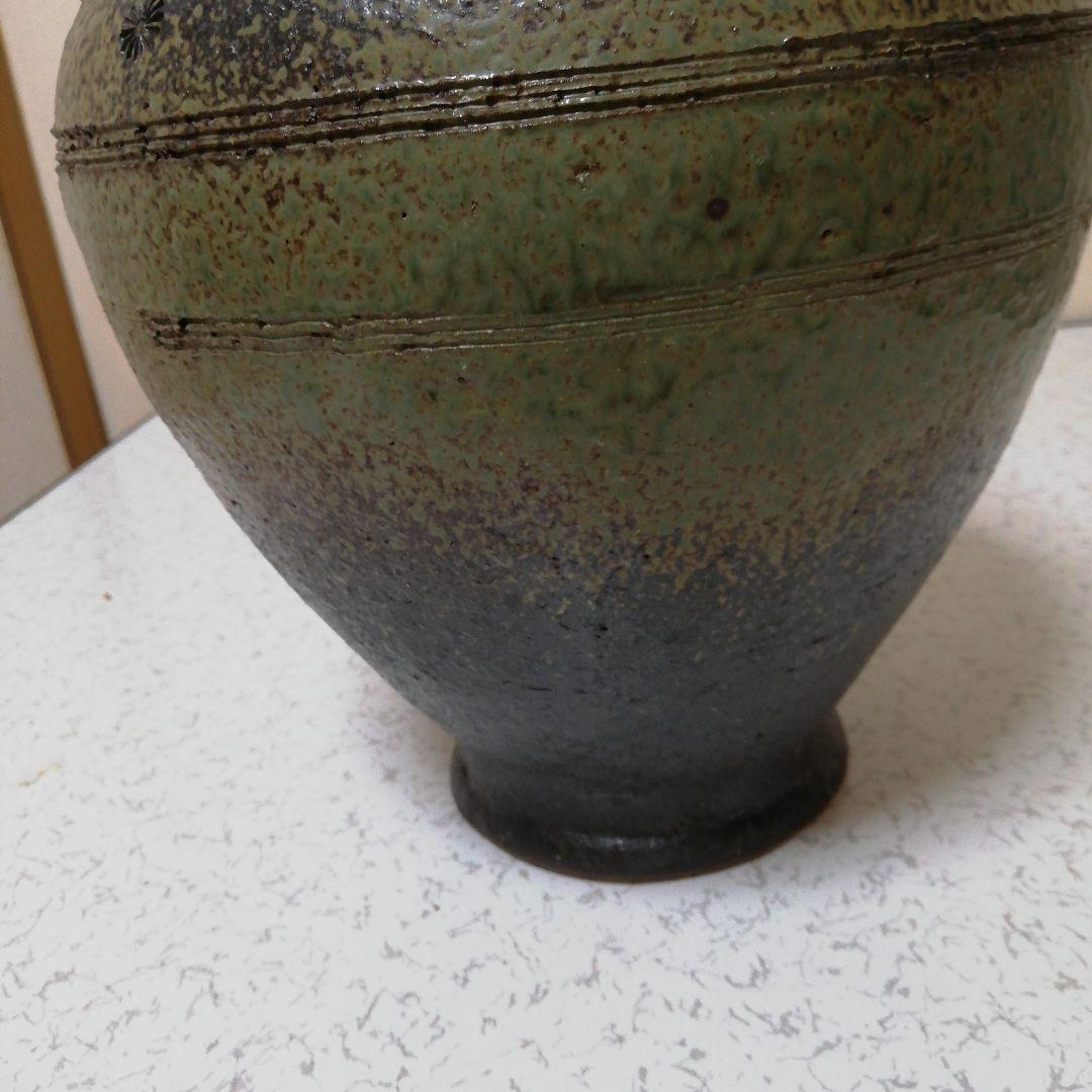 信楽焼　花器　灰釉印花文四耳壺