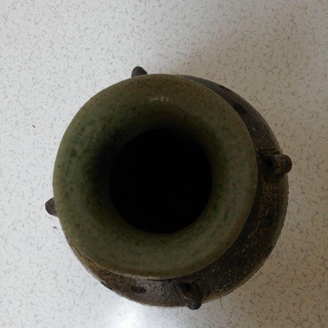 信楽焼　花器　灰釉印花文四耳壺