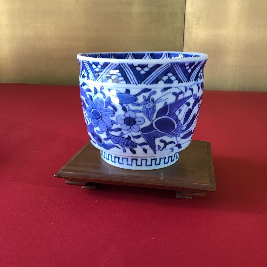 古伊万里　藍染　鳳凰花鳥　内瓔珞紋　櫛高台