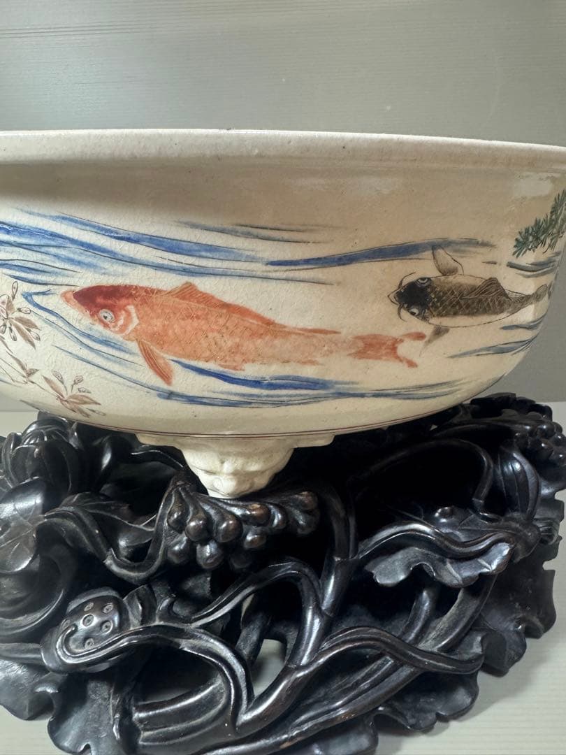 2175 骨董　色絵魚文　金魚鉢　花台付き　根木風　時代物