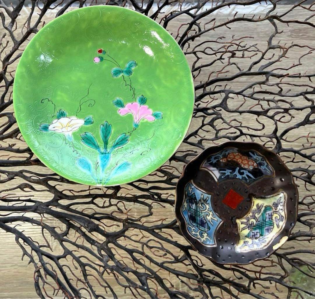 骨董　中国　古陶　清朝　粉彩　十錦手　希少　暗色色絵　波縁　豆皿　小皿　２客