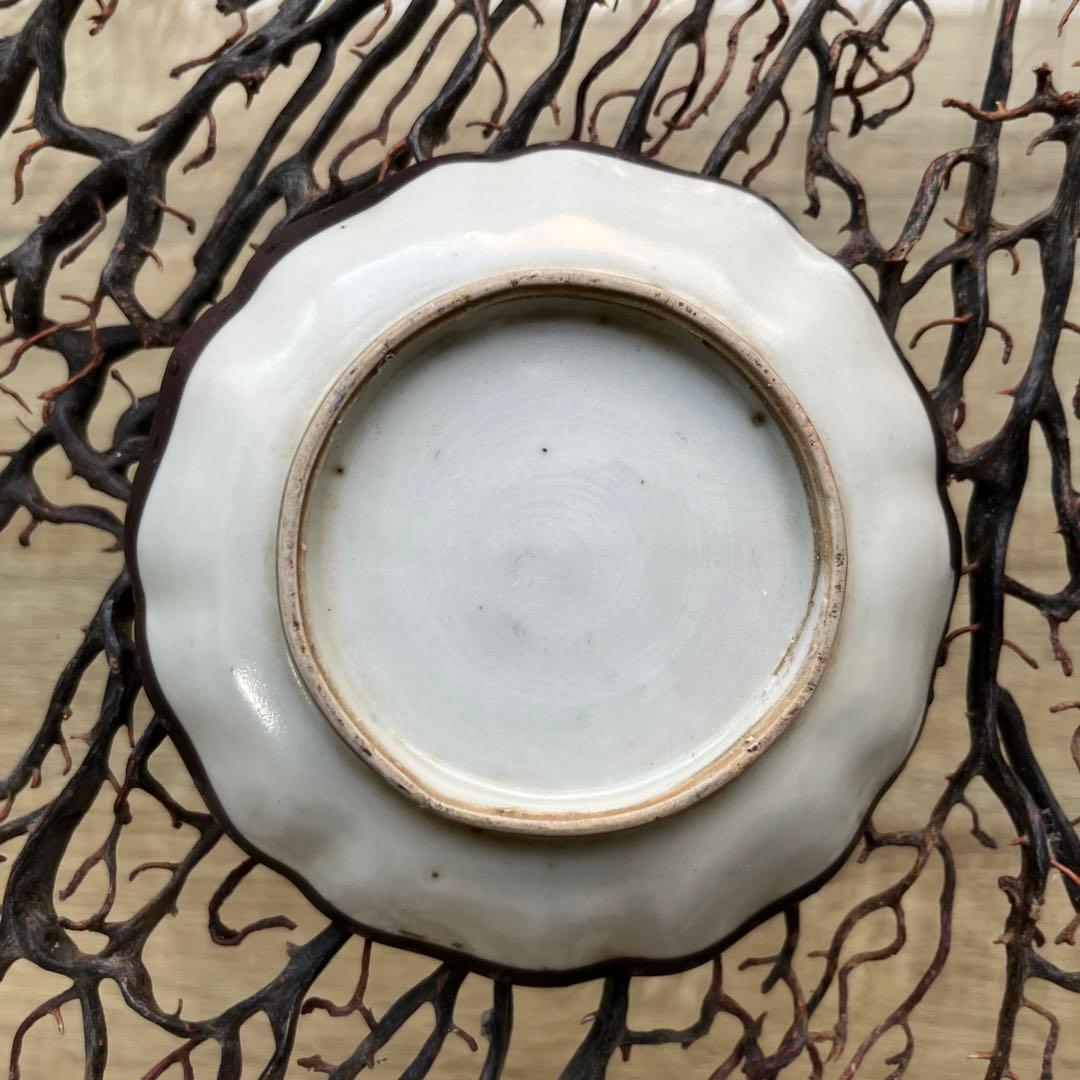 骨董　中国　古陶　清朝　粉彩　十錦手　希少　暗色色絵　波縁　豆皿　小皿　２客