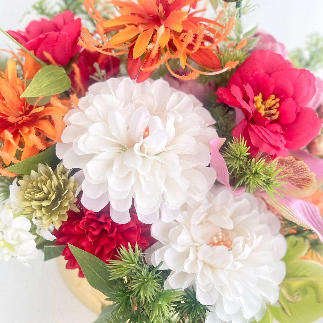 光触媒フラワー 和モダンラウンドアレンジメント｜ゴールド花器・正月アレンジ