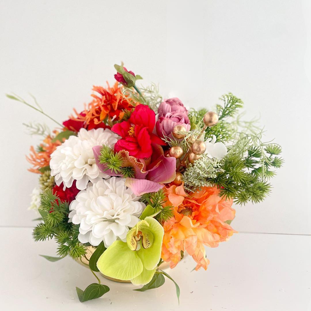 光触媒フラワー 和モダンラウンドアレンジメント｜ゴールド花器・正月アレンジ