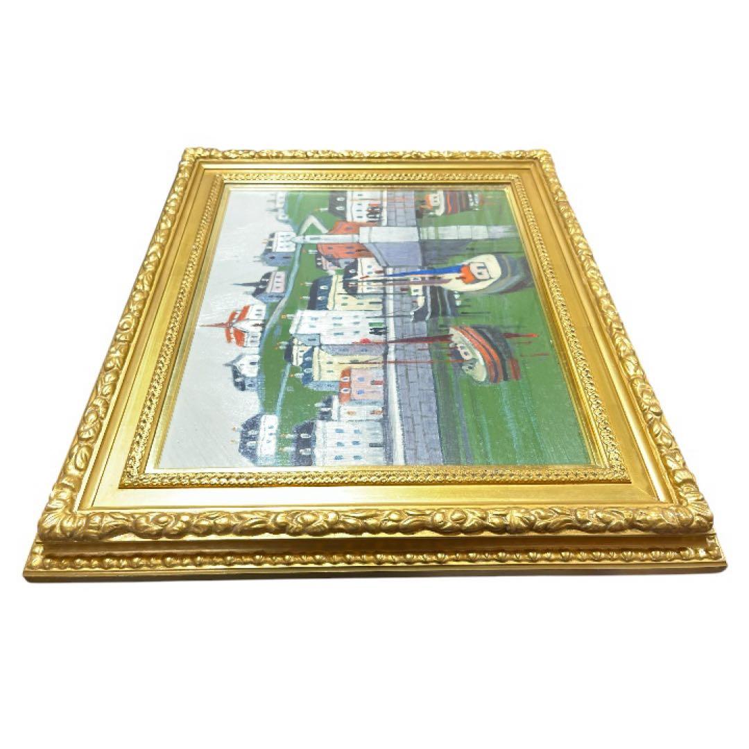 油絵 北欧 港 風景画 F10 額装 横73cm インテリア アート