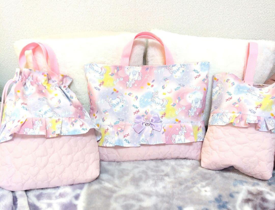 入園入学　ユニコーン柄ハートキルティングレッスンバック　お着替え袋上履きいれ撥水