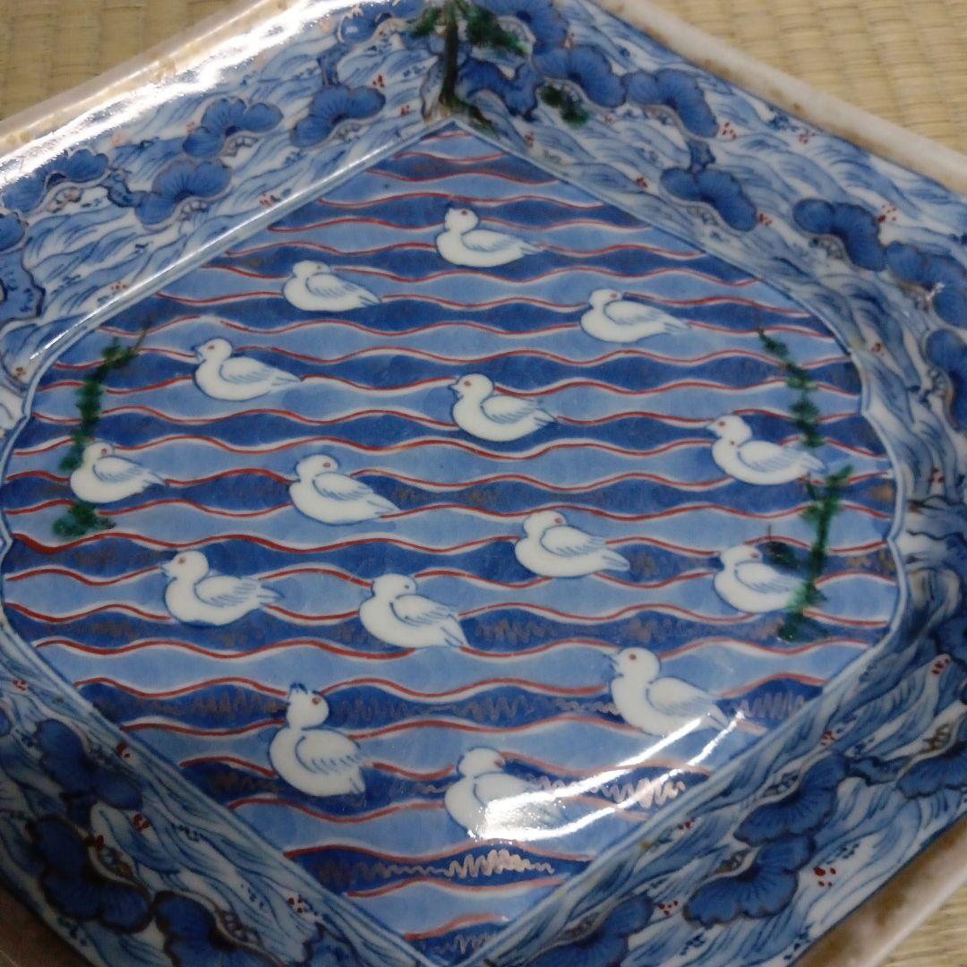 古伊万里　色絵染付　珍品　五葉松縁　波千鳥文　擬宝珠型皿　変形皿　尺皿　江戸後期