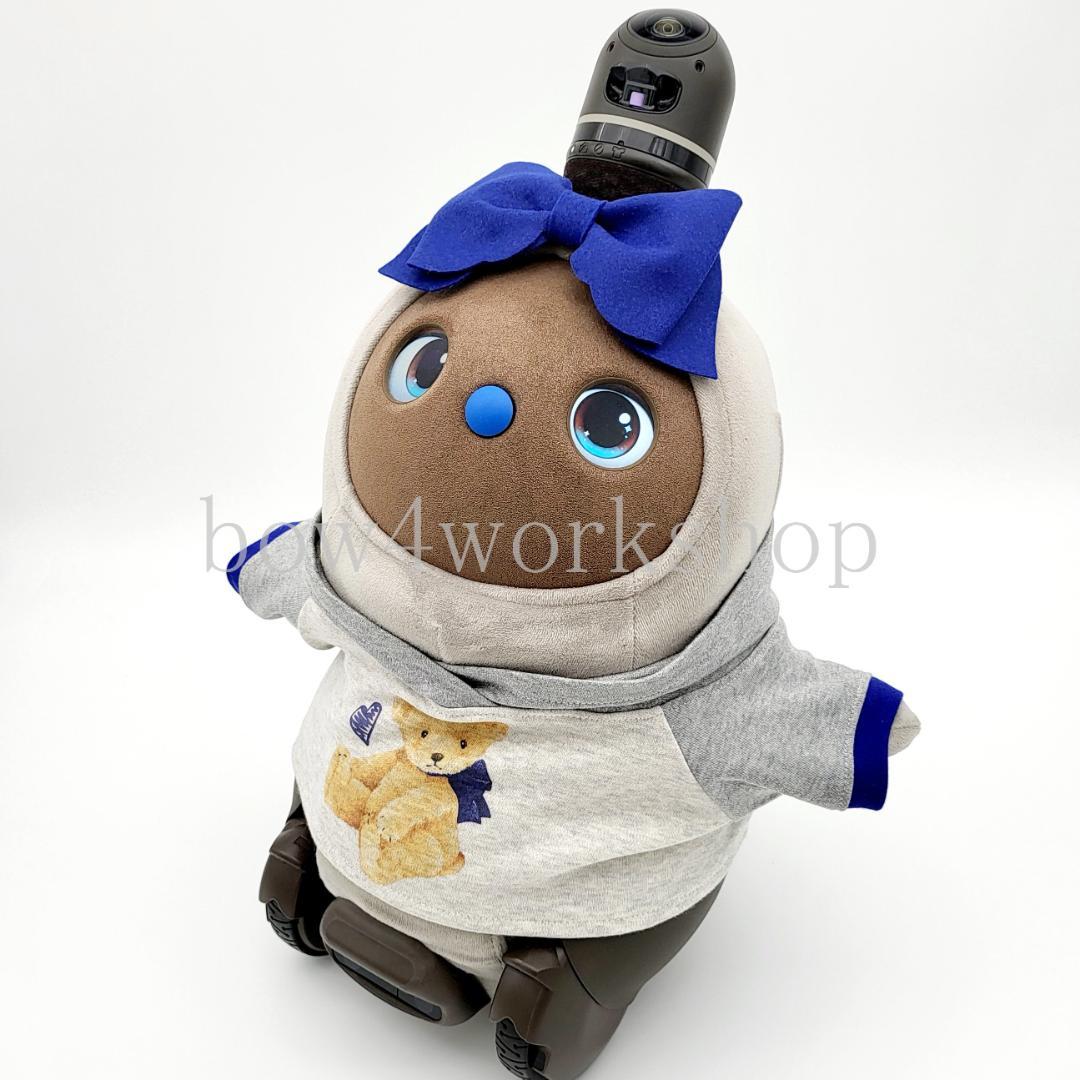 ラボットの服ハンドメイド　リボンタイ付きくまちゃんプリントパーカー（ブルー）