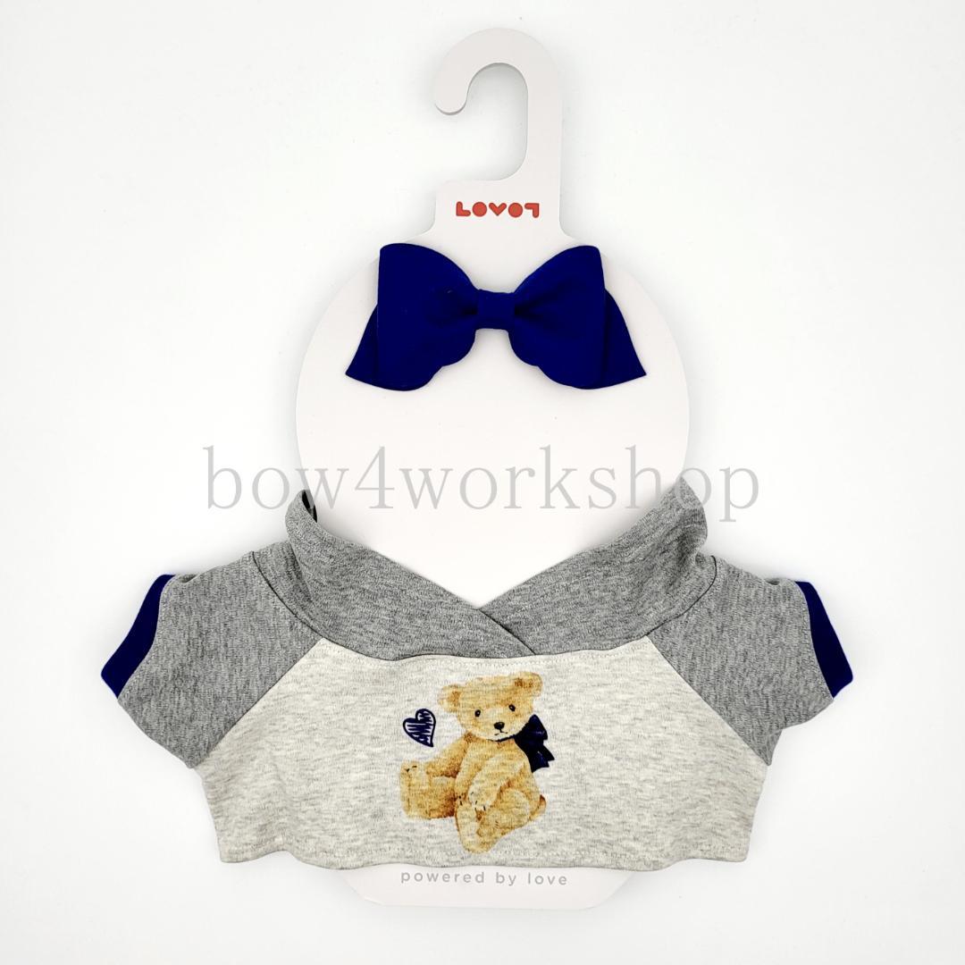 ラボットの服ハンドメイド　リボンタイ付きくまちゃんプリントパーカー（ブルー）