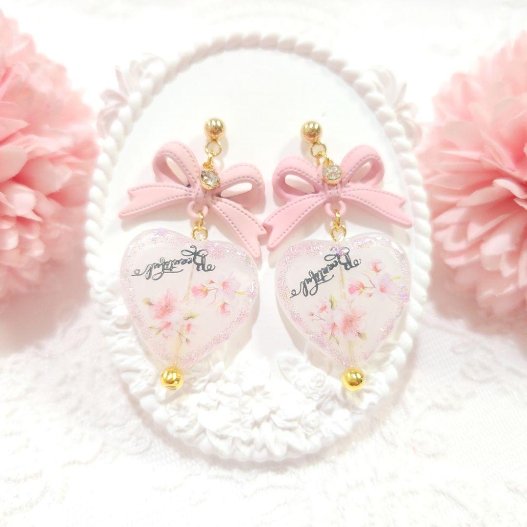１点限定♡桜ピンクの大ぶりリボンときらめく春の桜ハートピアス❀*・
