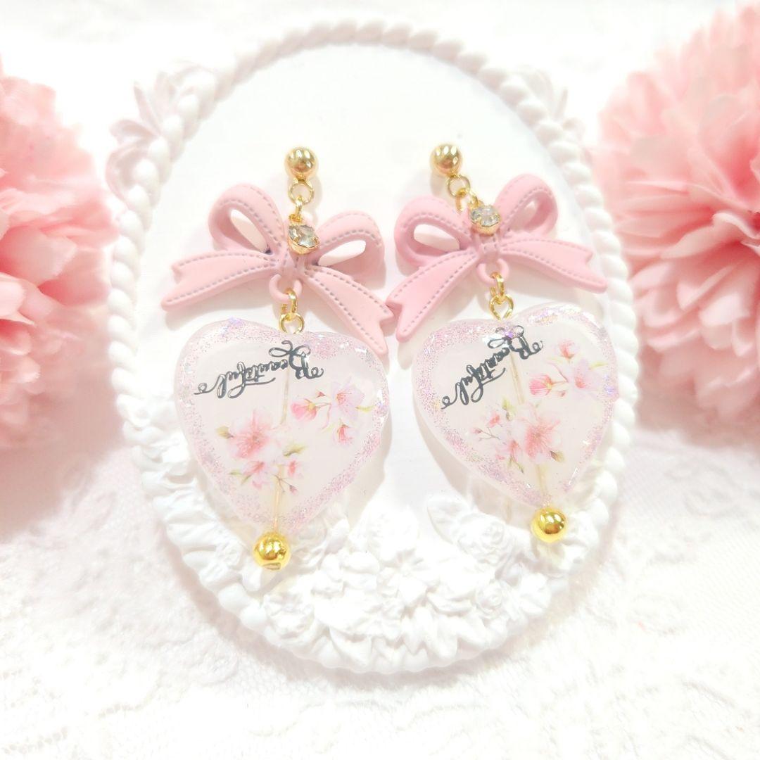 １点限定♡桜ピンクの大ぶりリボンときらめく春の桜ハートピアス❀*・