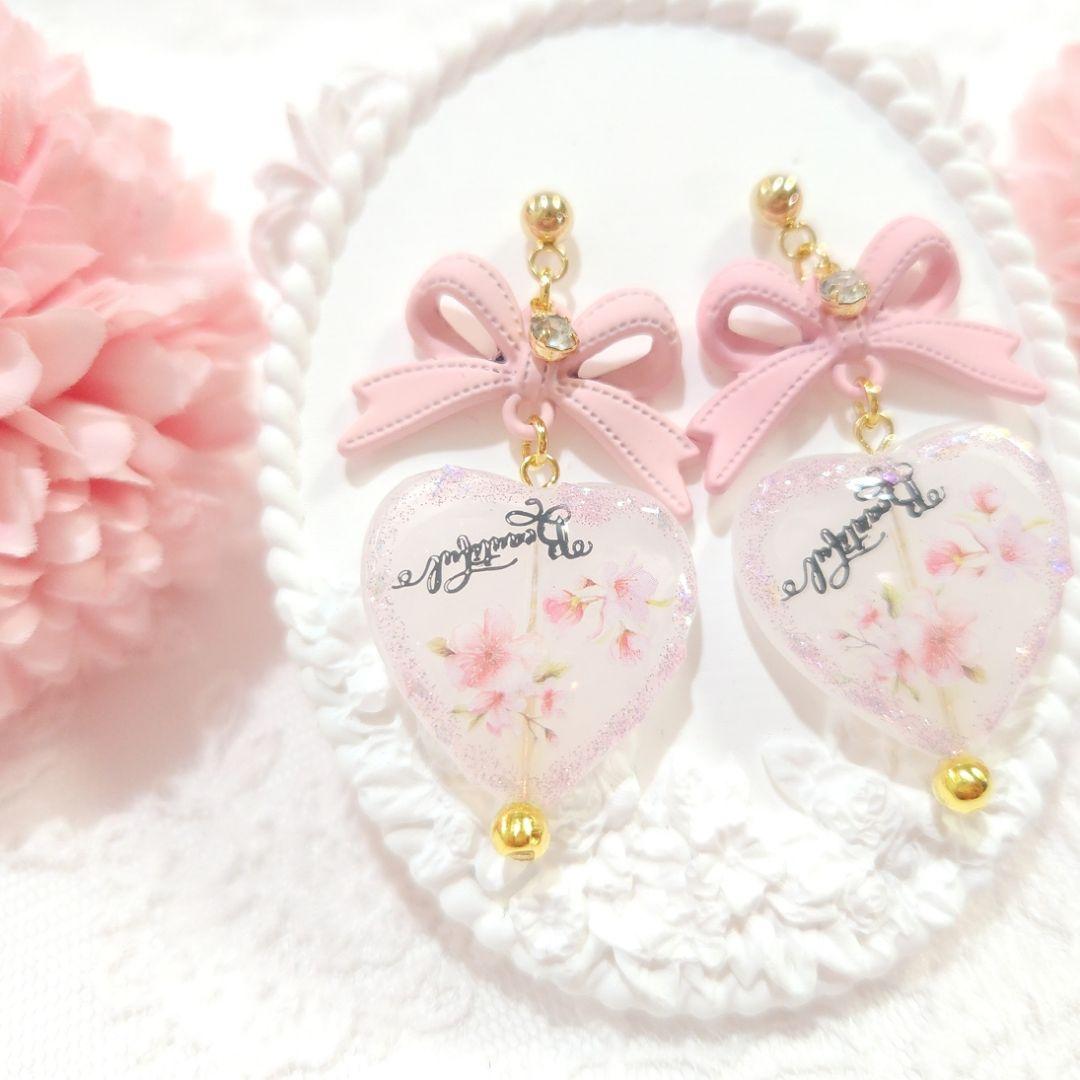 １点限定♡桜ピンクの大ぶりリボンときらめく春の桜ハートピアス❀*・