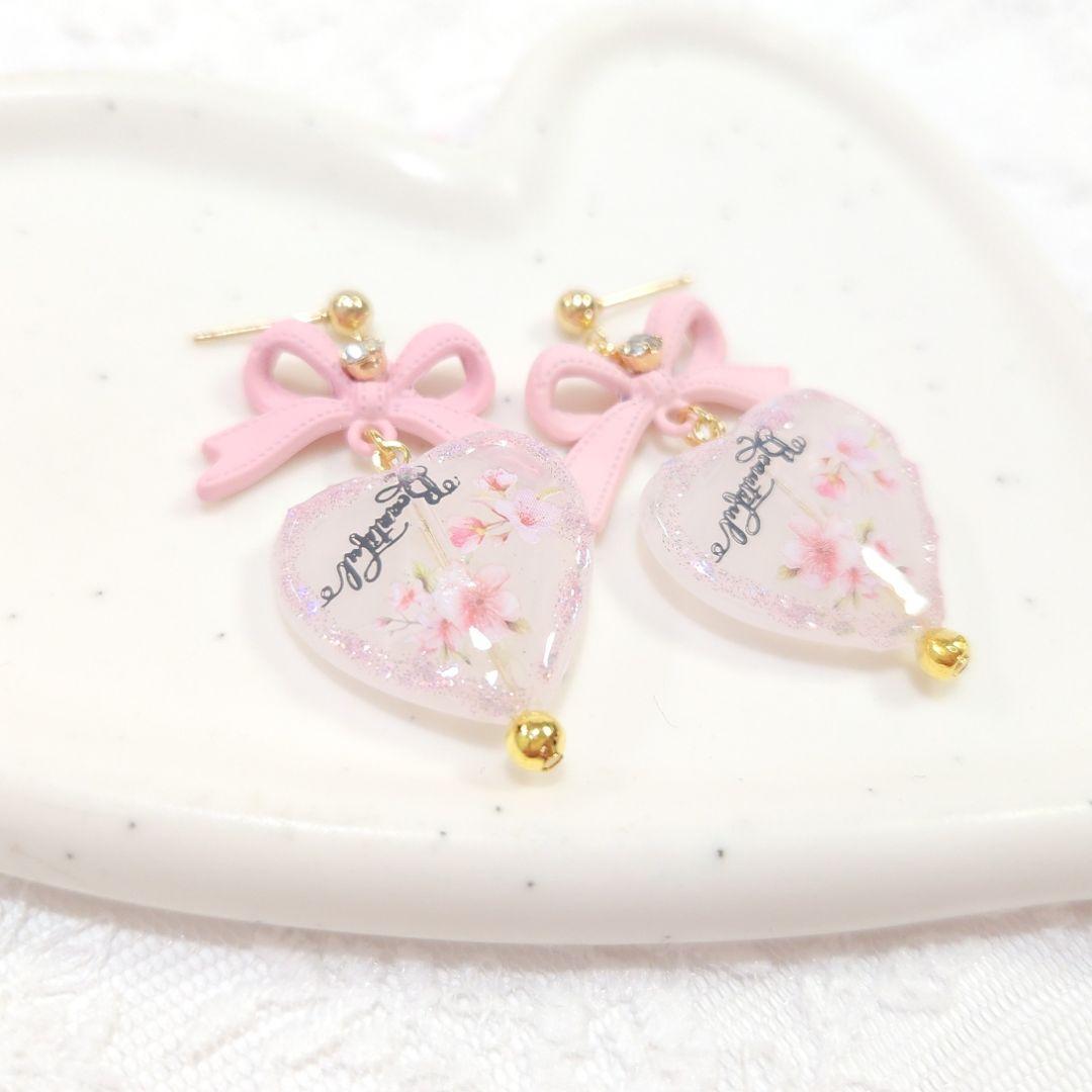 １点限定♡桜ピンクの大ぶりリボンときらめく春の桜ハートピアス❀*・