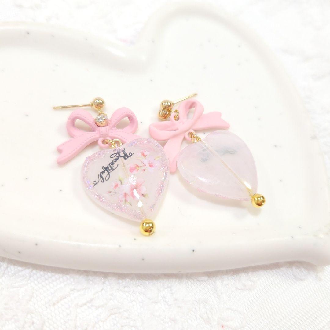 １点限定♡桜ピンクの大ぶりリボンときらめく春の桜ハートピアス❀*・