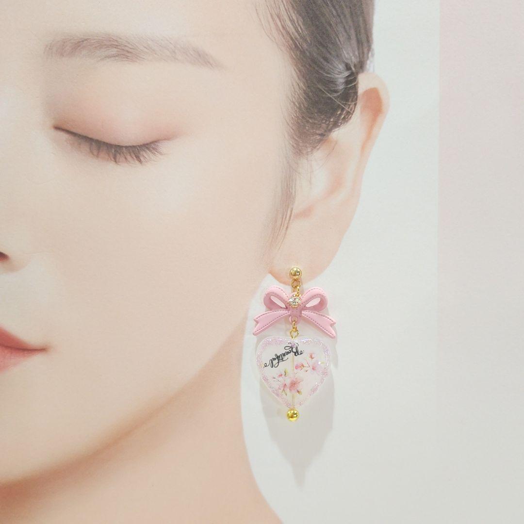 １点限定♡桜ピンクの大ぶりリボンときらめく春の桜ハートピアス❀*・