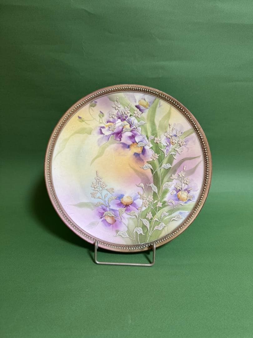 オールドノリタケ 桔梗 盛上げ 紫花 飾皿 メイプルリーフ