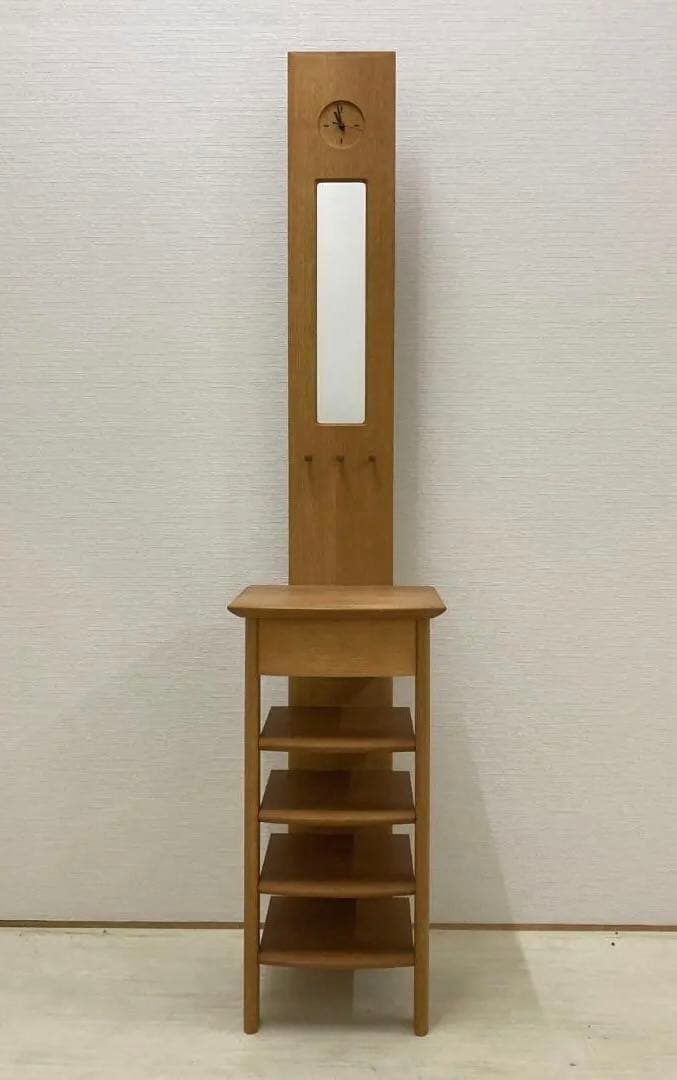 【日進木工】nissin　天然木　スリッパラック　ミラー付き　玄関　時計　飛騨