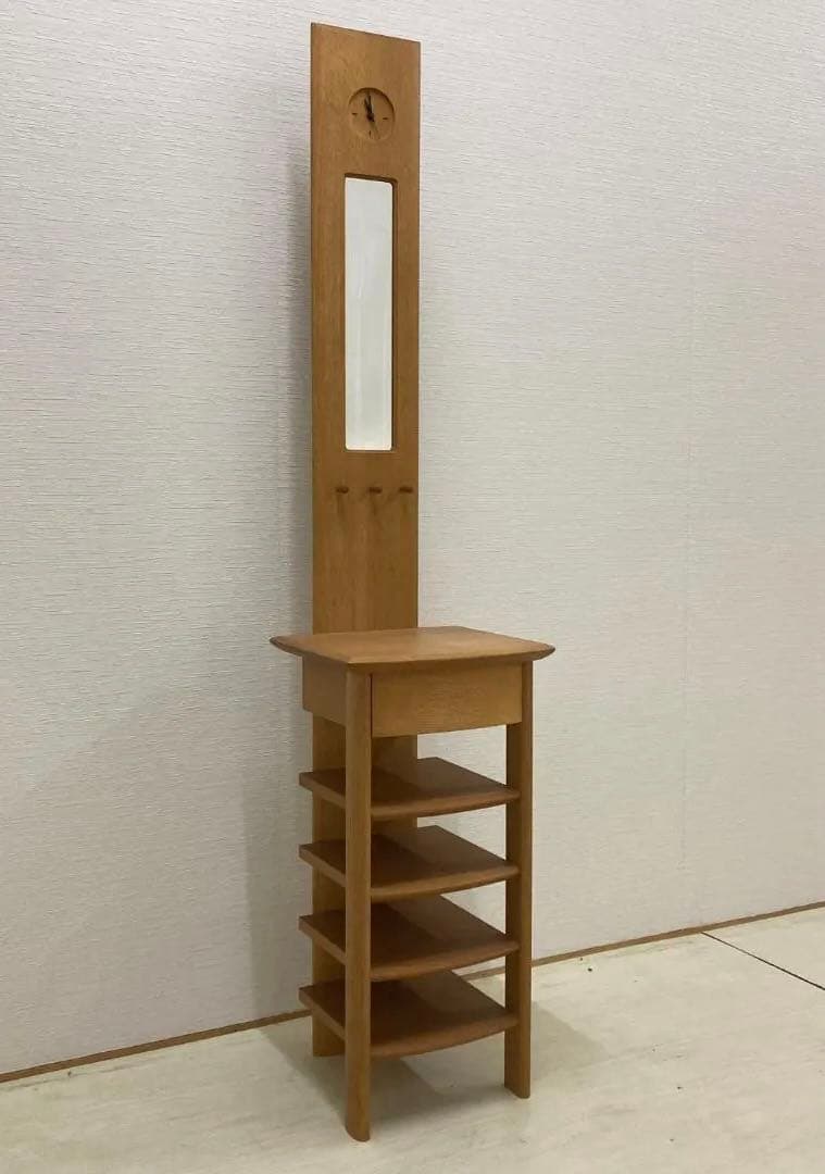 【日進木工】nissin　天然木　スリッパラック　ミラー付き　玄関　時計　飛騨