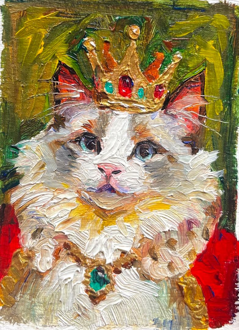 『小さな王様』猫　ミニ油絵　原画・ゴールド額付き 一点物　ラグドール