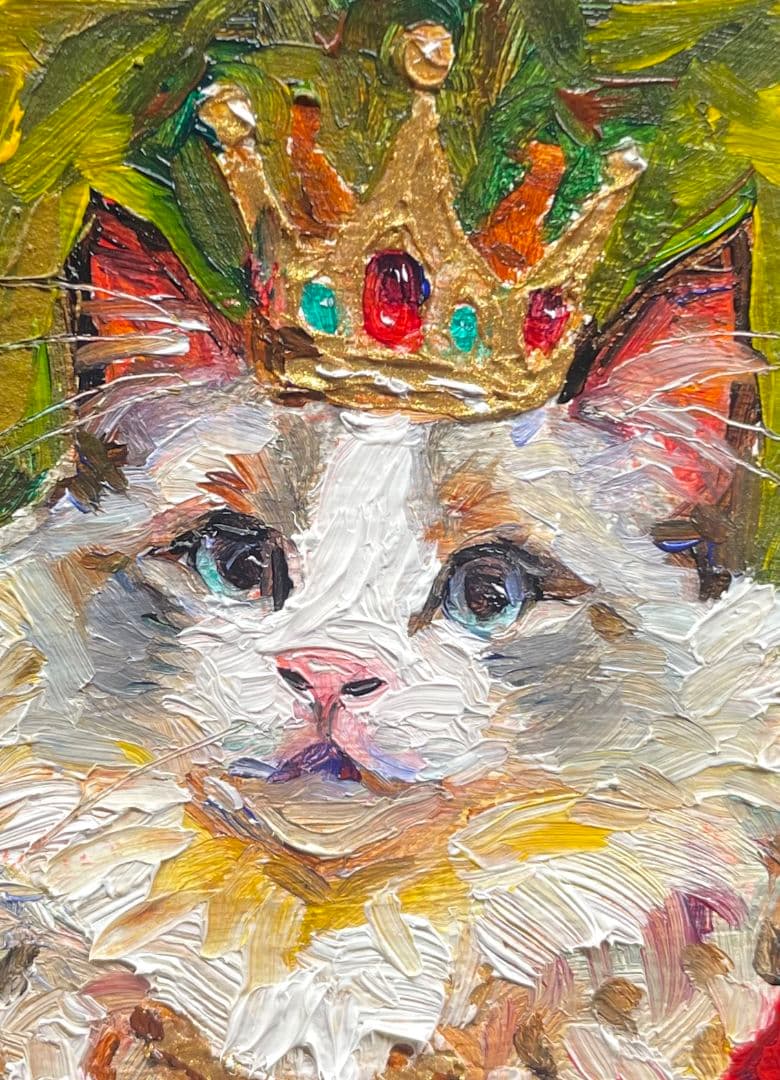 『小さな王様』猫　ミニ油絵　原画・ゴールド額付き 一点物　ラグドール