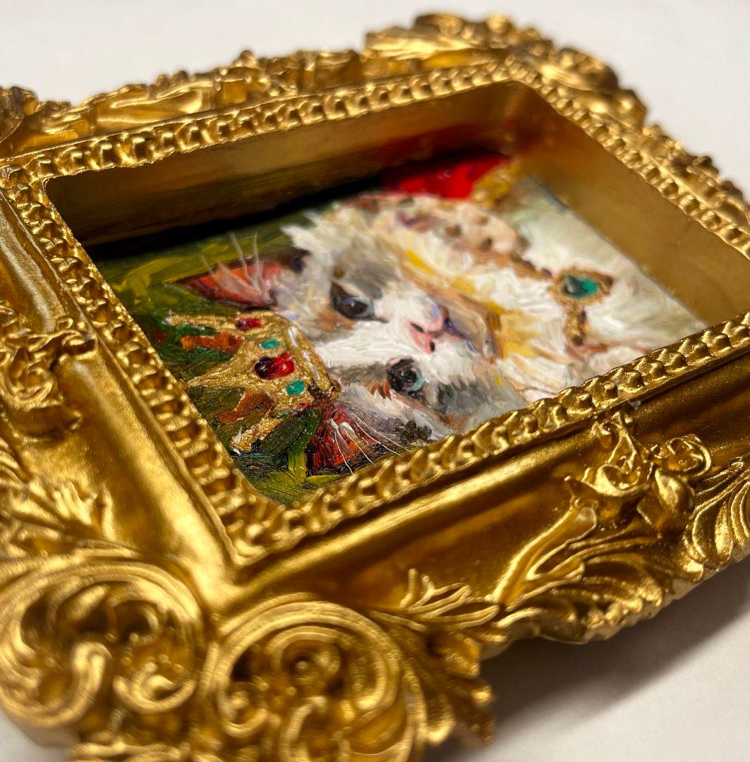 『小さな王様』猫　ミニ油絵　原画・ゴールド額付き 一点物　ラグドール