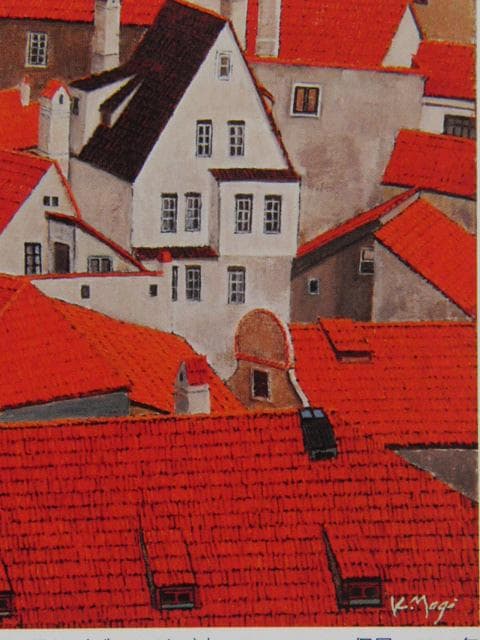 茂木紘一、【赤い家並（ブルージュ）】、希少な限定額装用画集画