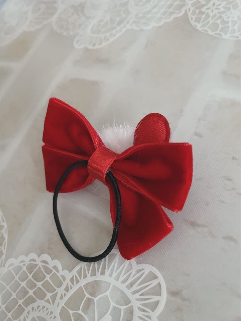 No.709リボンヘアゴム☆冬リボン☆ベルベット・レッド