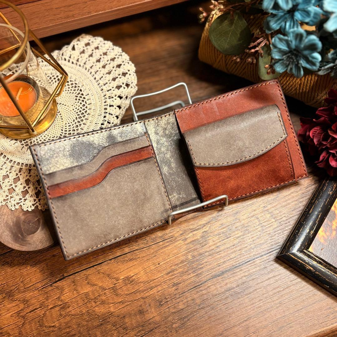 レザー　二つ折り財布　ブラウン　グレー　ハンドメイド