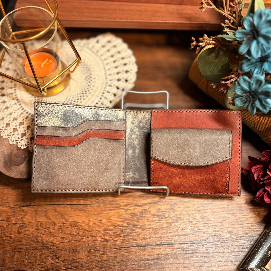 レザー　二つ折り財布　ブラウン　グレー　ハンドメイド