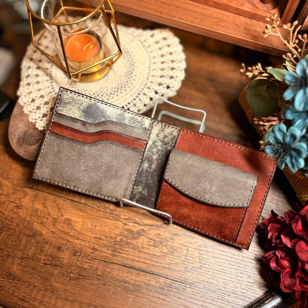 レザー　二つ折り財布　ブラウン　グレー　ハンドメイド