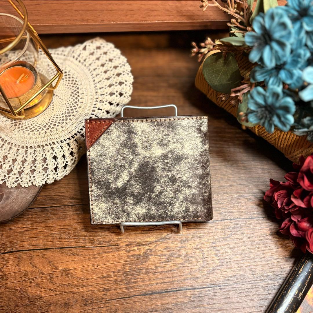 レザー　二つ折り財布　ブラウン　グレー　ハンドメイド