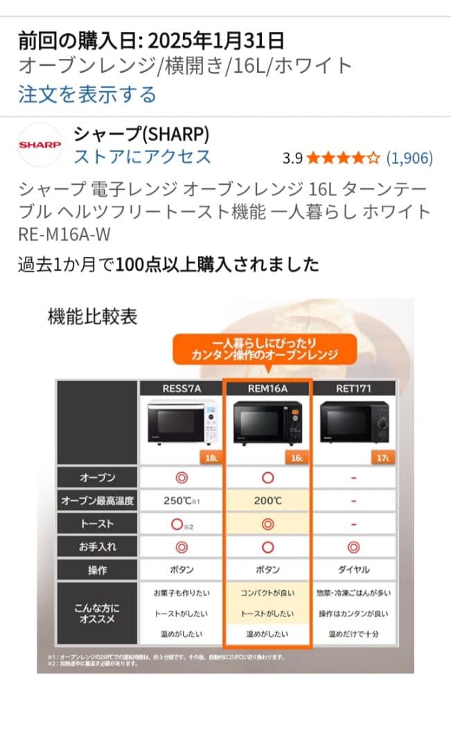 SHARP オーブンレンジ RE-M16A-W 2024年製