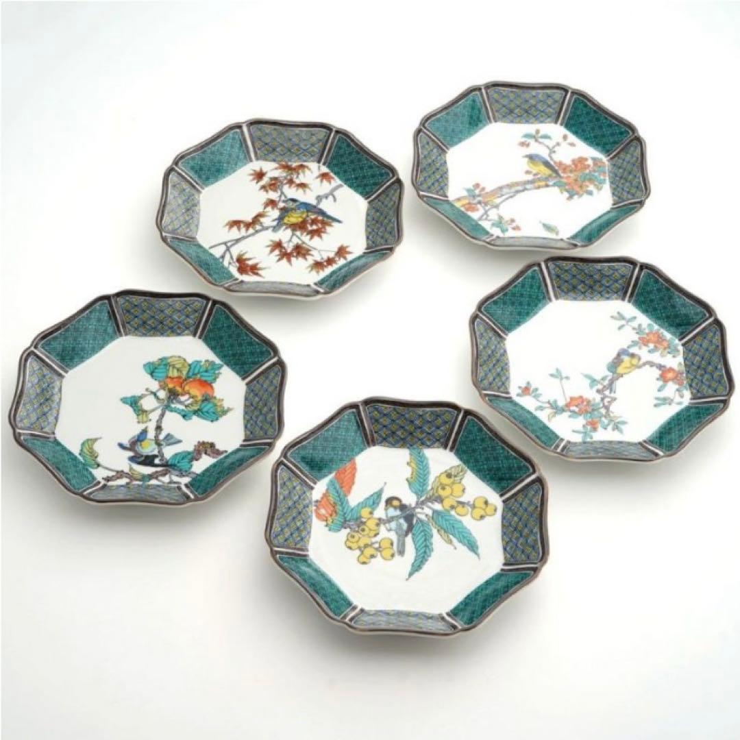 【匿名配送/新品未使用】九谷焼/九谷仙春/6.5号皿揃/花鳥絵変り〈5枚〉
