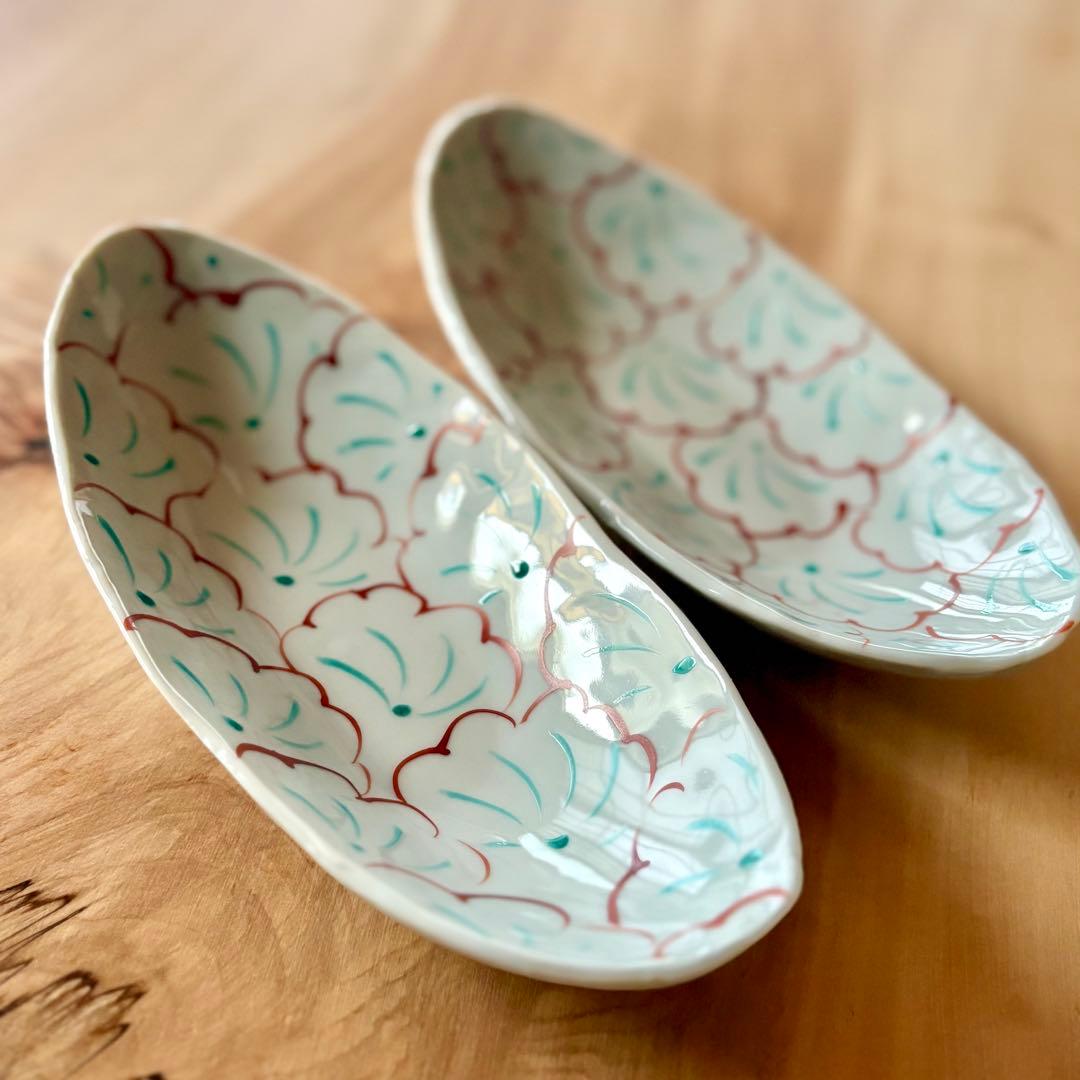 赤地径 楕円花模様皿 2枚セット 美品 作家 器