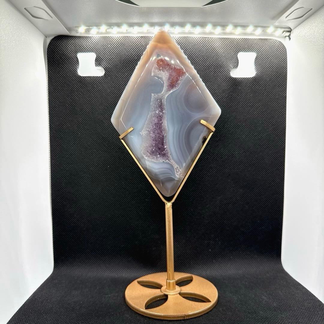 天然石　瑪瑙×アメジスト　スライス　ダイヤ形　台座セット♪