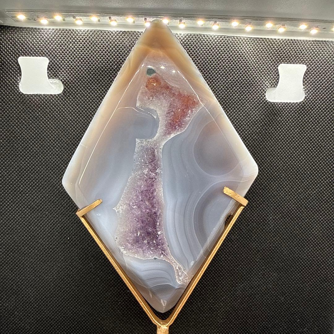 天然石　瑪瑙×アメジスト　スライス　ダイヤ形　台座セット♪