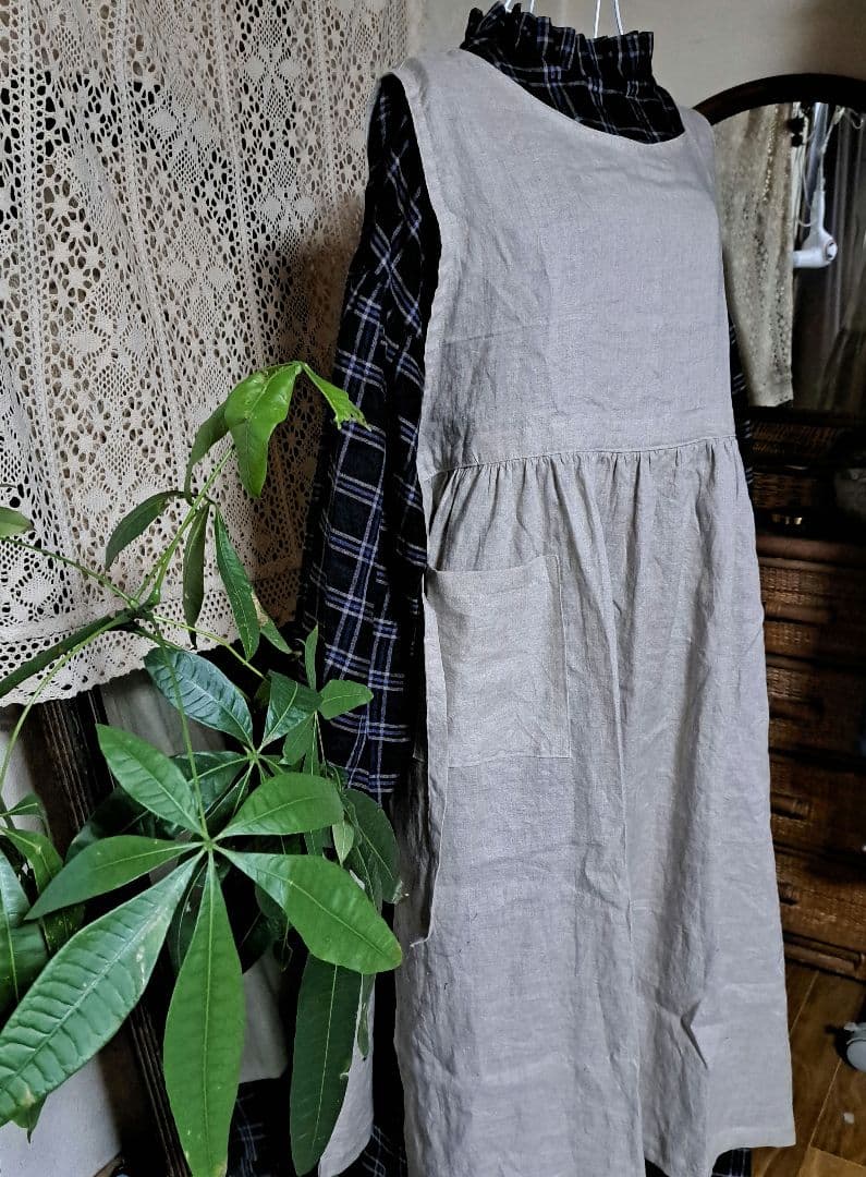 フレンチリネン両サイドリボン2wayギャザーエプロンドレス
