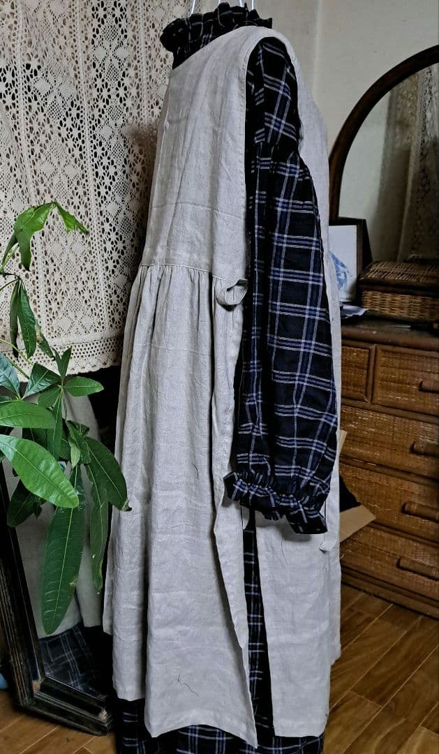 フレンチリネン両サイドリボン2wayギャザーエプロンドレス